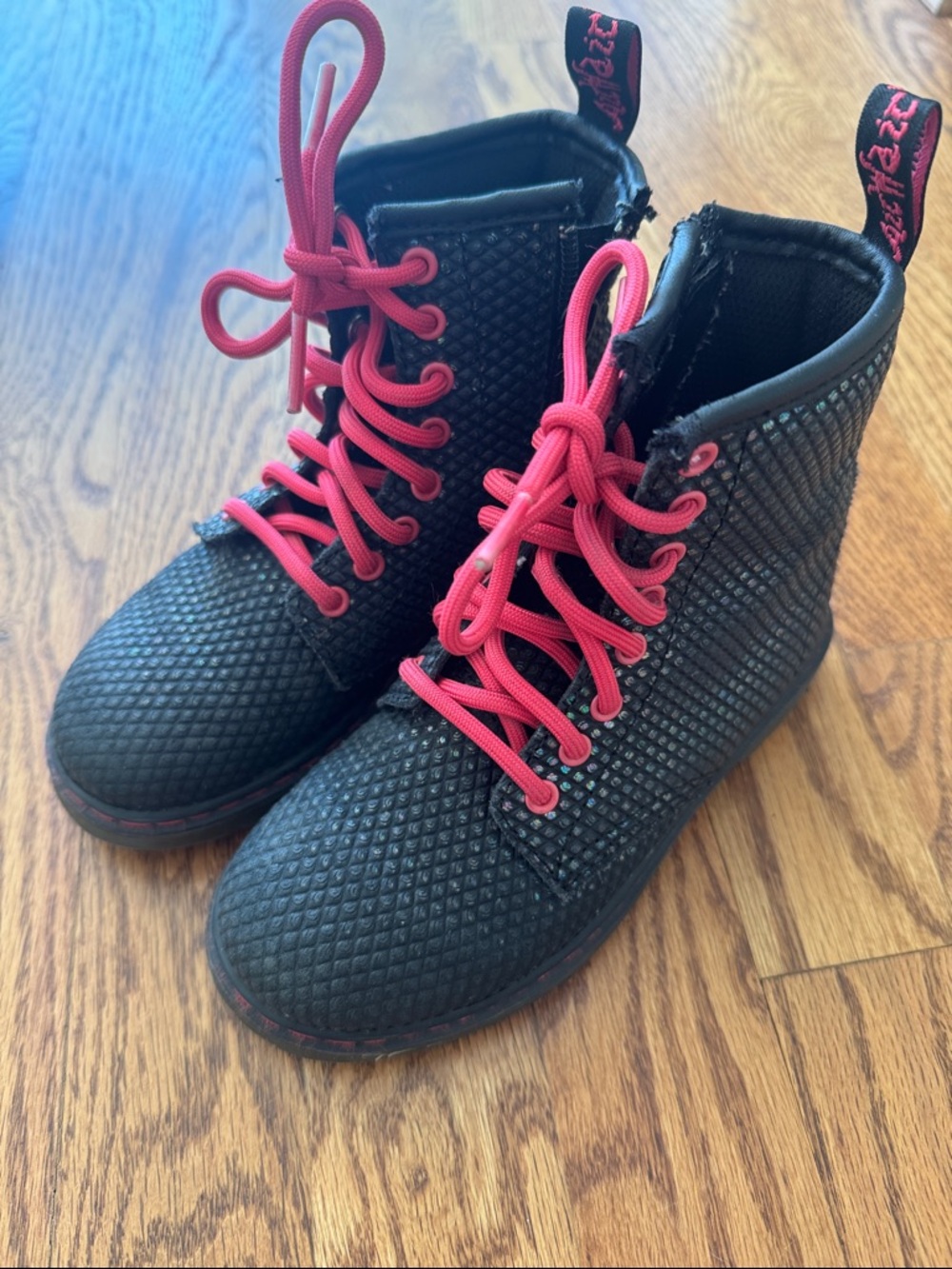 Kids Black Ankle Boots with Bright Pink Laces